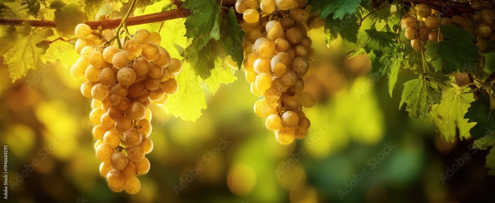 Fototapeta premium The Grapes Hanging on a Sunlit Vine in a Lush Vineyard at Harvest