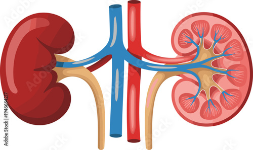 Human kidney anatomy vector illustration showing internal cross section structure renal artery vein and ureter isolated on white background for medical education and healthcare science.