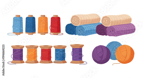 Colorful spools of thread and yarn arranged neatly on a white background.