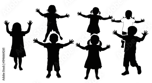 Children Silhouettes Playing Happy.