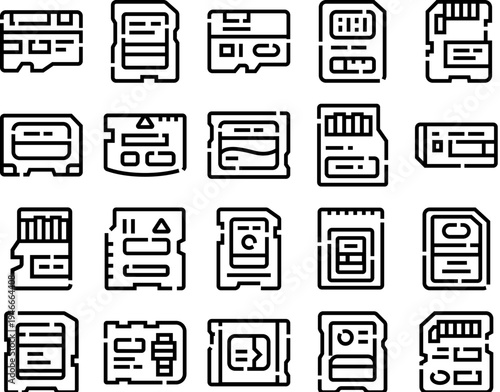 Memory card storage devices line icon collection featuring various flash drives and media devices, symbolizing data storage, electronics, and digital information for modern technology concepts