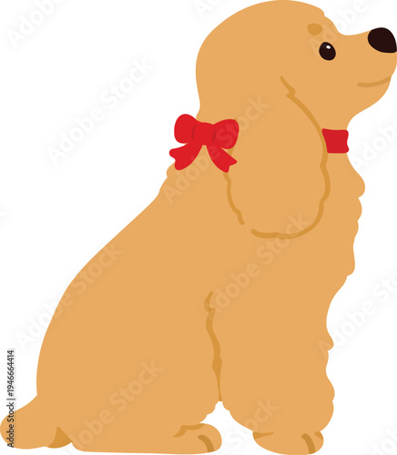 Flat colored adorable simple English Cocker Spaniel with a red ribbon collar sitting in side view