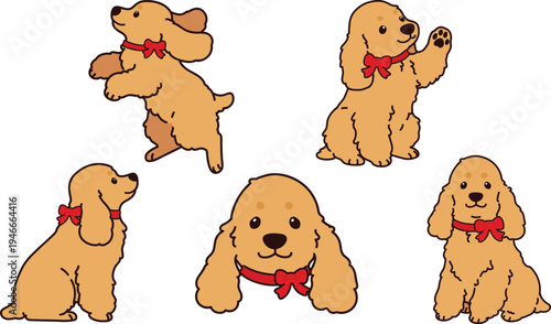 Outlined adorable simple English Cocker Spaniel illustrations with a red ribbon collar