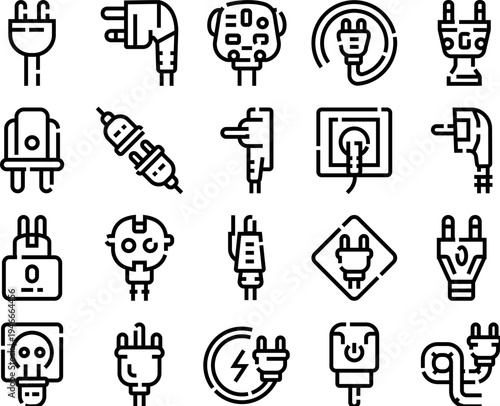 Collection of outline icons illustrating various electric power plugs, wall sockets, and cables, representing concepts of electricity, connection, and energy supply
