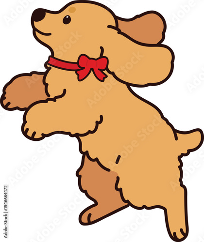 Outlined adorable simple English Cocker Spaniel jumping with a red ribbon collar in side view