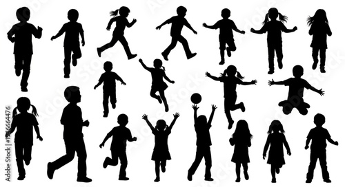 Children Silhouettes Playing Running.
