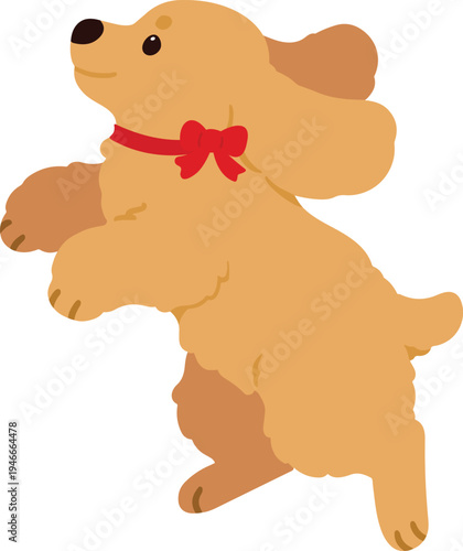 Flat colored adorable simple English Cocker Spaniel with a red ribbon collar jumping in side view