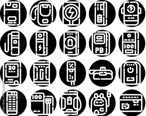 Portable power banks and diverse electronic charging devices in a collection of glyph icons, illustrating concepts of mobile energy storage, technology, and battery replenishment