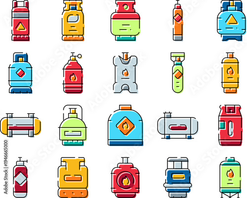 Various gas cylinders and tanks with flame symbols, showing propane, butane and lpg containers for domestic, camping and industrial fuel, storage and heating applications