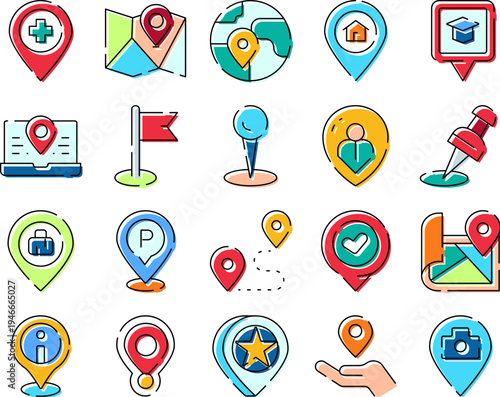Location pins and pointers collection displaying global navigation, destination searching, and route planning on a clean white background, ideal for digital mapping and travel services