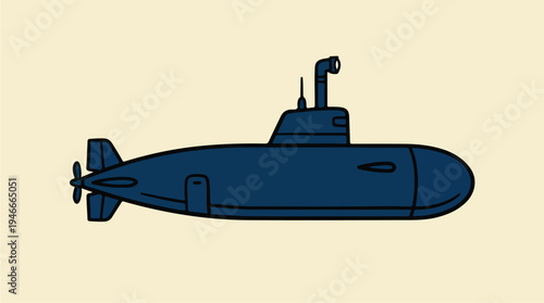 Illustration of a blue submarine sailing on a light yellow background.