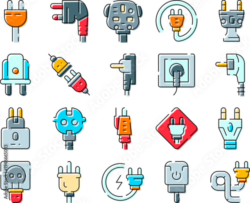 Collection of electric plugs, power sockets, and cable connectors presenting concepts of energy supply, charging, safety, and technology in a variety of styles for global usage