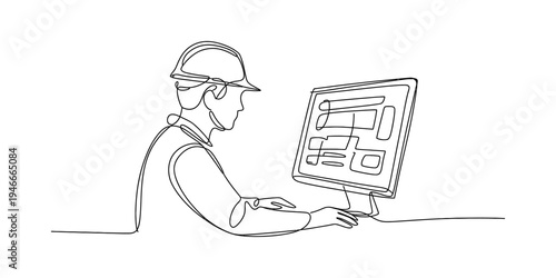 Continuous line drawing of a male engineer in a hard hat working at his office computer. Vector, illustration