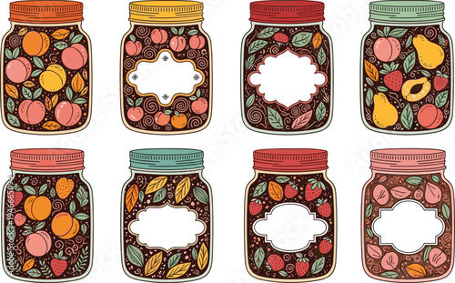 Vector illustration set of hand drawn fruit jam jars with peaches strawberries and pears including blank labels for kitchen storage and homemade preserves.