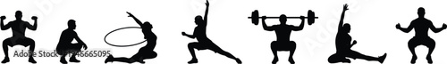 Vector set of fitness silhouettes showing people squatting lifting weights stretching and exercising with hula hoop isolated on white background for gym and workout design