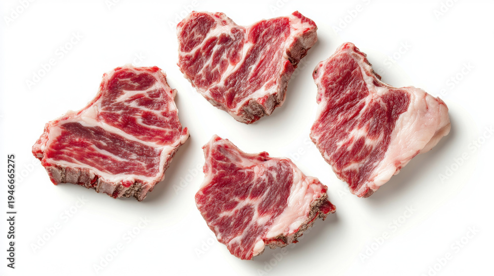 Fototapeta premium Raw beef slices arranged in pattern on white background. Minimal composition highlighting texture, freshness and cooking ingredient.
