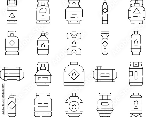 Collection of line icons showing various shapes and sizes of gas cylinders and industrial tanks for storing propane, butane, oxygen, and other types of fuel and energy
