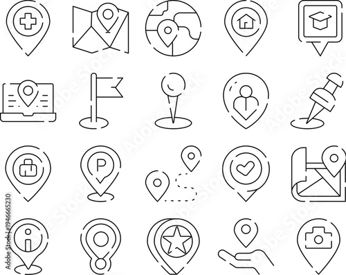 Set of minimalist line icons representing various place pins, navigation markers, and global positioning symbols, useful for digital interfaces and geographic information systems