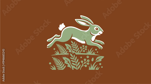 Illustration of a Hare Leaping Through Lush Green Foliage.
