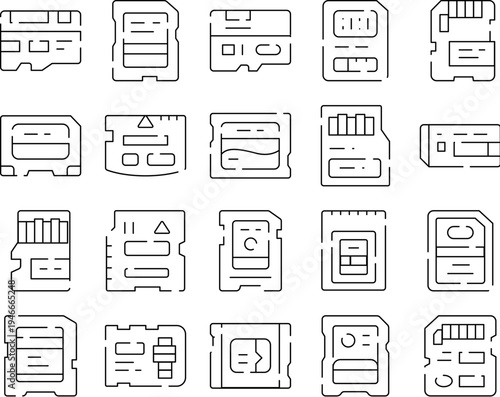 Memory cards and digital flash storage devices icons collection illustrating various types of sd, micro sd, sim, and other data storage technologies for modern electronics and portable gadgets