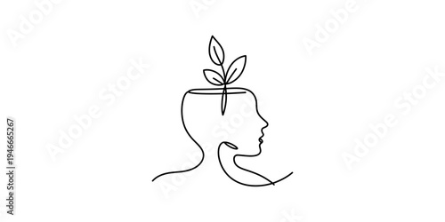A continuous line art drawing of a human head profile with a plant growing from the top Vector, illustration