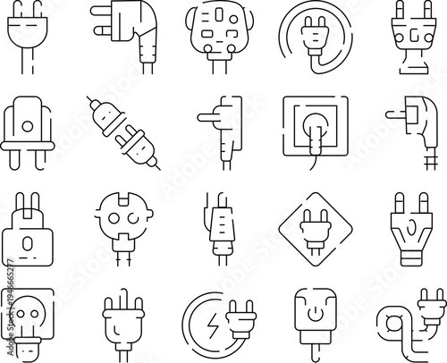 Various electric power plugs, universal adapters, extension cords, and wall sockets creating a collection of household electrical connectors for energy supply