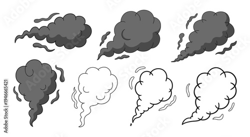 Smoke and Steam Cloud Vector Set, stylized dark gray and outline vapor illustrations