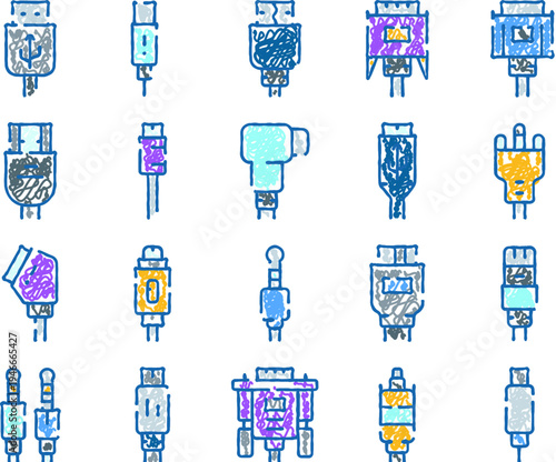 Hand drawn digital drawing of numerous computer and mobile device hardware connectors and ports, illustrating various types of electronic connectivity and data transfer