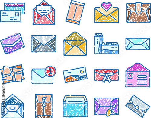 Mail envelopes and letters in diverse doodle styles present concepts of delivering messages, postal communication, email, and various forms of digital and physical correspondence