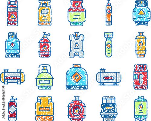 Gas cylinders, fuel tanks, and storage containers forming a colorful pattern, illustrating the concepts of energy, gas, and different types of combustible materials and utilities