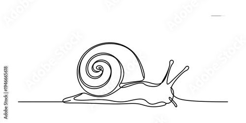 A single continuous line drawing of a snail with a spiral shell crawling on a surface. Vector, illustration