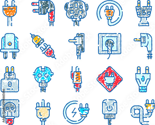 Collection of colorful doodle illustrations features various types of electrical power plugs, wall sockets, and adapters, representing concepts of energy, connectivity, and technology