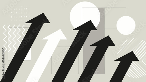 Abstract composition featuring upward pointing arrows and geometric shapes