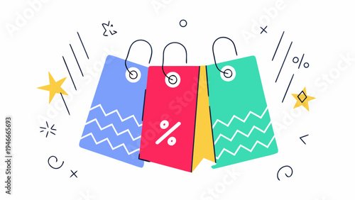 Colorful shopping bags with sale symbols in a dynamic arrangement