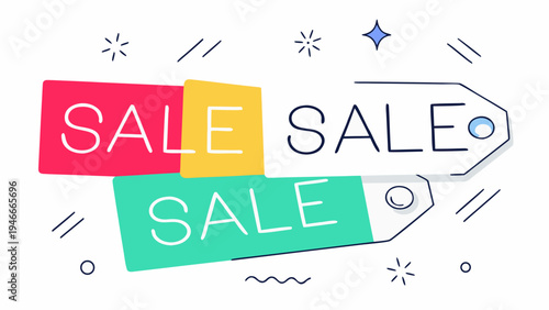 Colorful sale banners and tags with sparkling star and line details