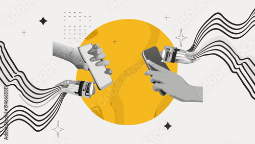 Robotic hands interacting with smartphones and a golden circular backdrop