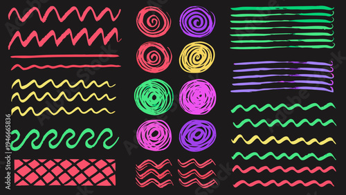 Colorful doodle shapes and lines arranged on a black background