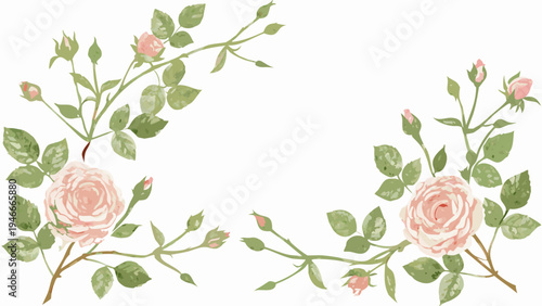 Принти на полотні Delicate pink roses and green leaves form a floral corner arrangement