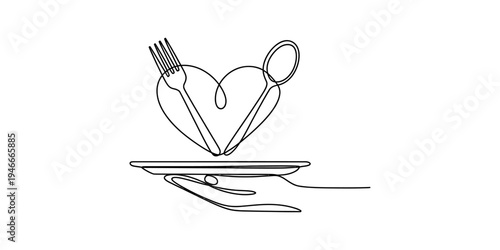 Minimalist one line art illustration of a hand carrying a dinner plate with heart and cutlery. Vector, illustration