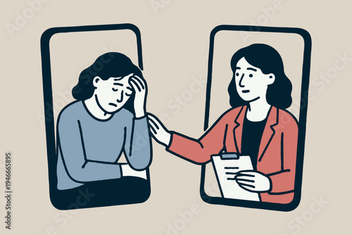 Illustration of a sad woman getting virtual support from a therapist, hand-drawn style, beige background, concept of online mental health help