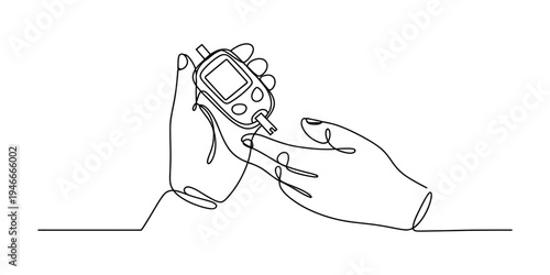 Continuous line drawing of hands using a glucose meter to check blood sugar levels Vector, illustration