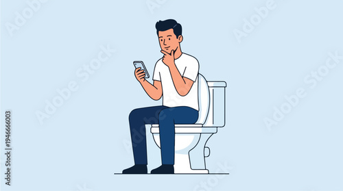 Man Sitting on Toilet Using Smartphone and Eating Snack.