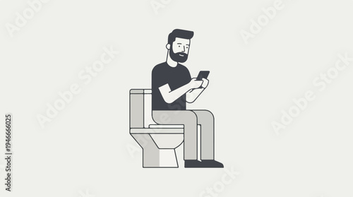 Man Sitting on Toilet Using Smartphone.