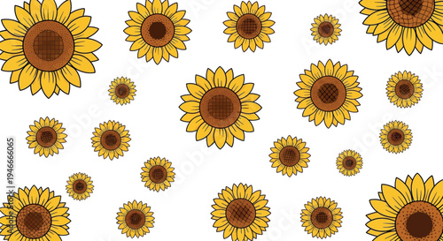 Scattered yellow sunflowers with brown centers on white background floral