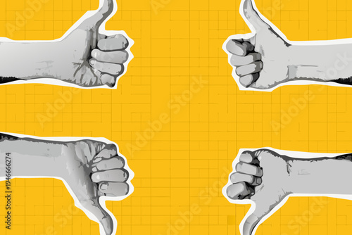 Four hands displaying thumbs up and down gestures on yellow background