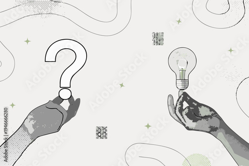 Hands presenting a question mark and a glowing light bulb concept