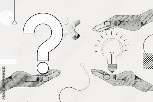 Hands offering a question mark and a glowing light bulb idea