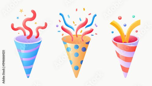 Colorful party poppers with confetti bursts in a festive arrangement