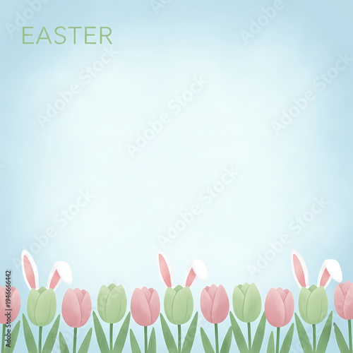 tulips and bunny ears, colorful easter graphic on light blue background with easter text