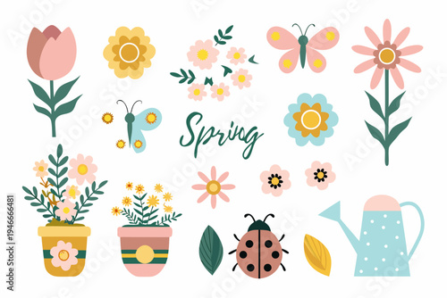A colorful spring illustration featuring flowers butterflies and garden elements